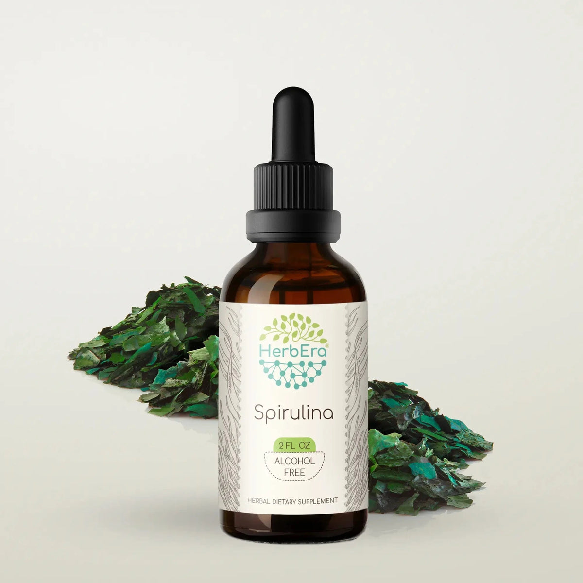 HerbEra Spirulina Tincture alkoholfri spirulina tinktur i flaske med dråpeteller og glyserinbasert ekstrakt