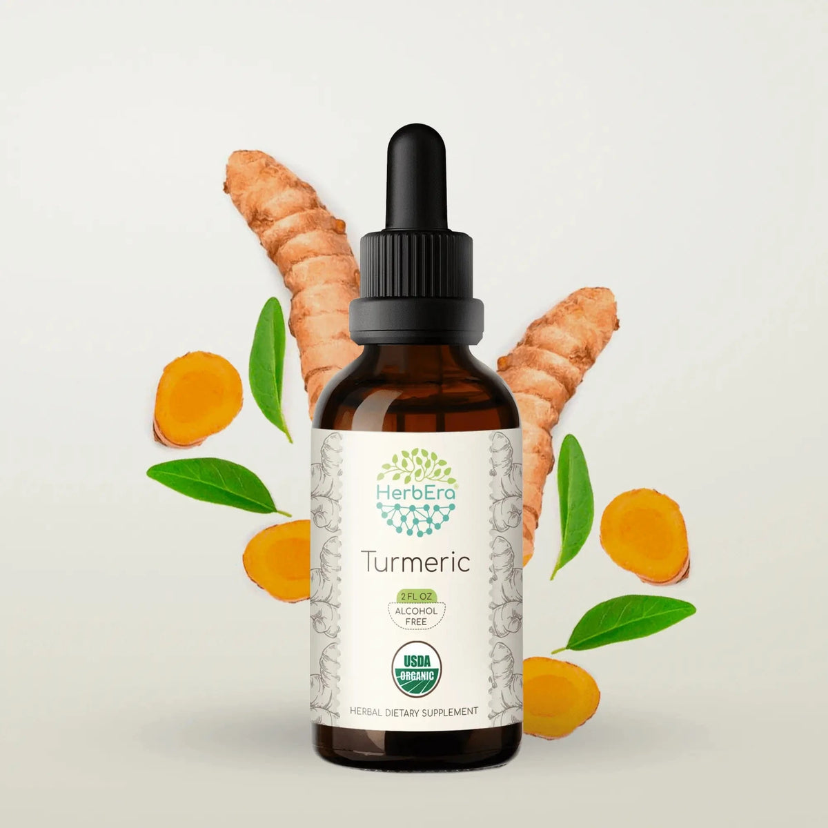 HerbEra Turmeric Tincture alkoholfri gurkemeietinktur i flaske med pipette, gul-oransje væske
