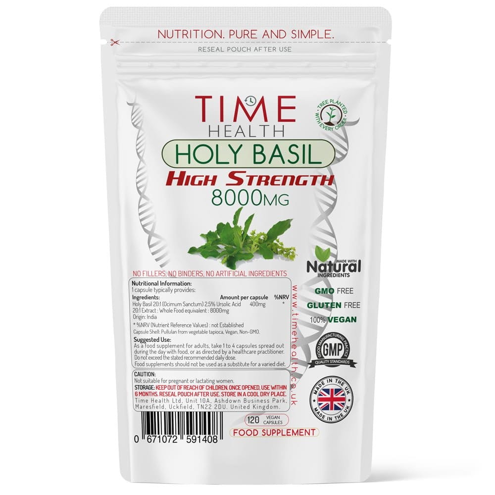 Holy Basil 20:1 Ocimum sanctum kosttilskudd med 120 kapsler og 2,5 % ursolsyre i vegansk kapsel