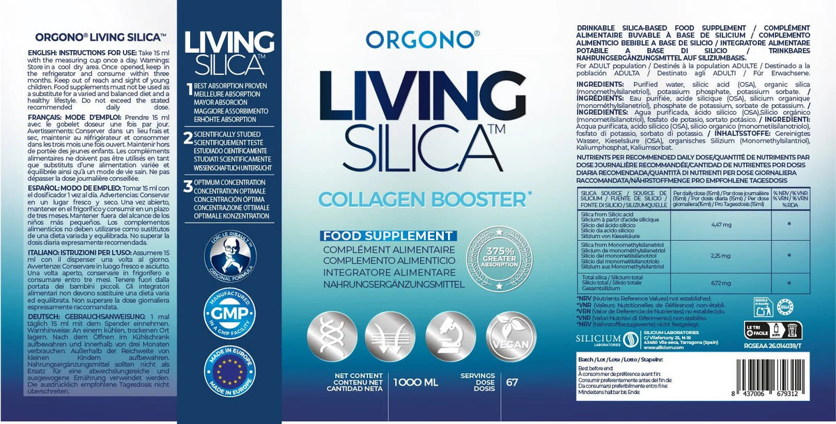 LIVING SILICA® Collagen Booster, flytende kosttilskudd i en 1000 ml flaske, med blå og hvit etikett.