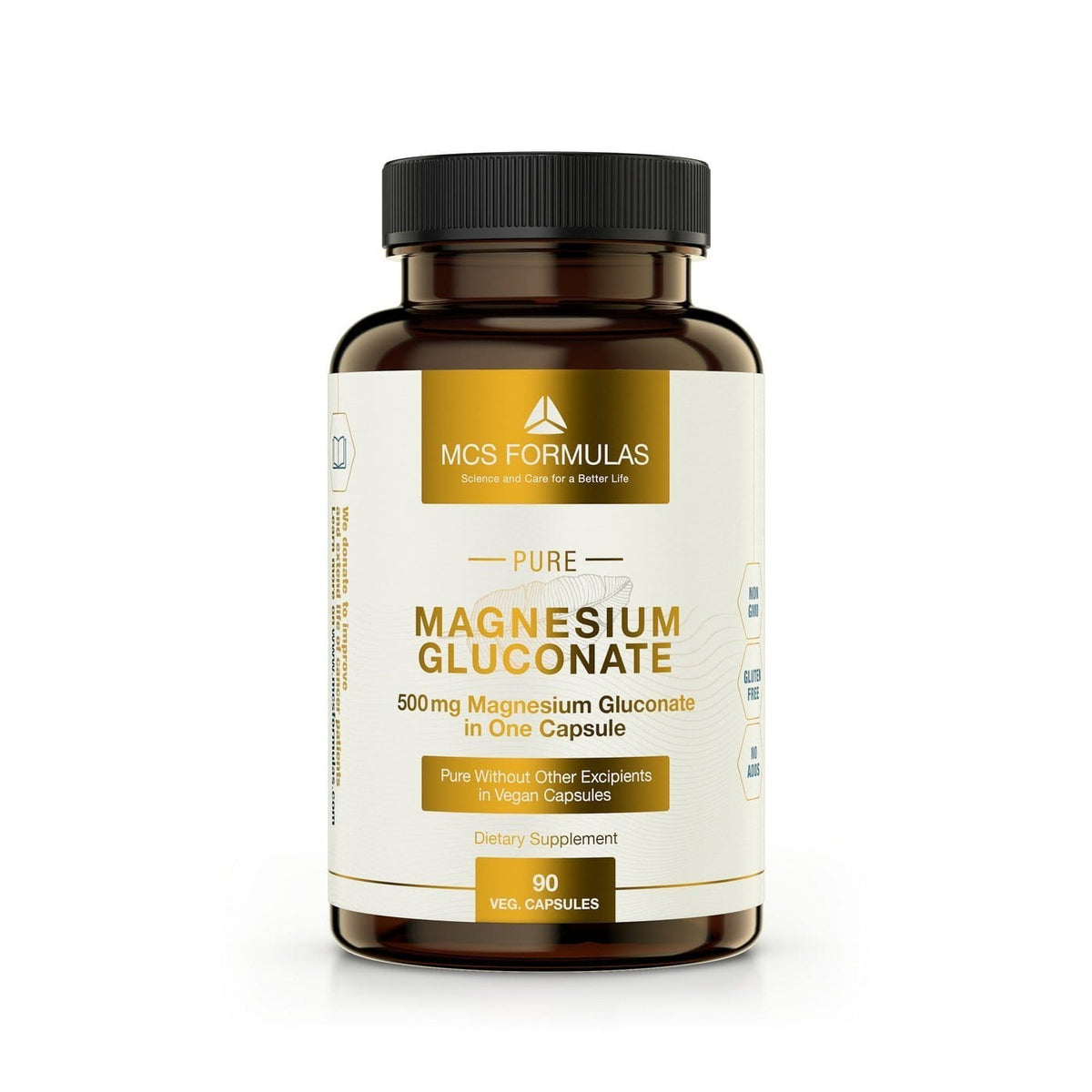 Magnesium Gluconate kosttilskudd med 90 veganske kapsler, 500 mg magnesiumglukonat per kapsel i hvit flaske