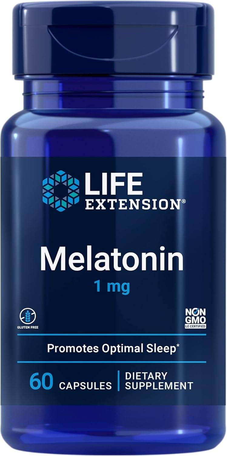 Melatonin 1 mg fra Life Extension, 60 kapsler, glutenfri og ikke-GMO søvnstøtte i kapselbokse