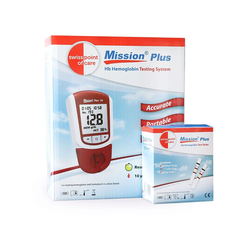 Mission Plus Hb hemoglobinmåler starterpakke med 50 strips, stikkelapparat, lansetter, kapillærrør og bæreveske