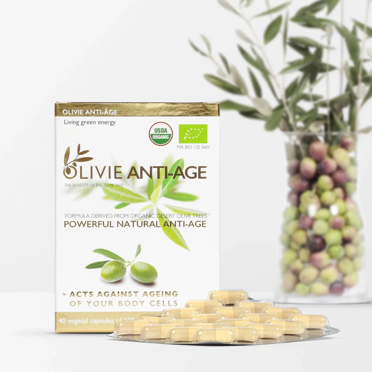 OLIVIE Anti-Age kosttilskudd med 40 vegetabilske kapsler og olivenpolyfenoler fra blad, frukt og olje