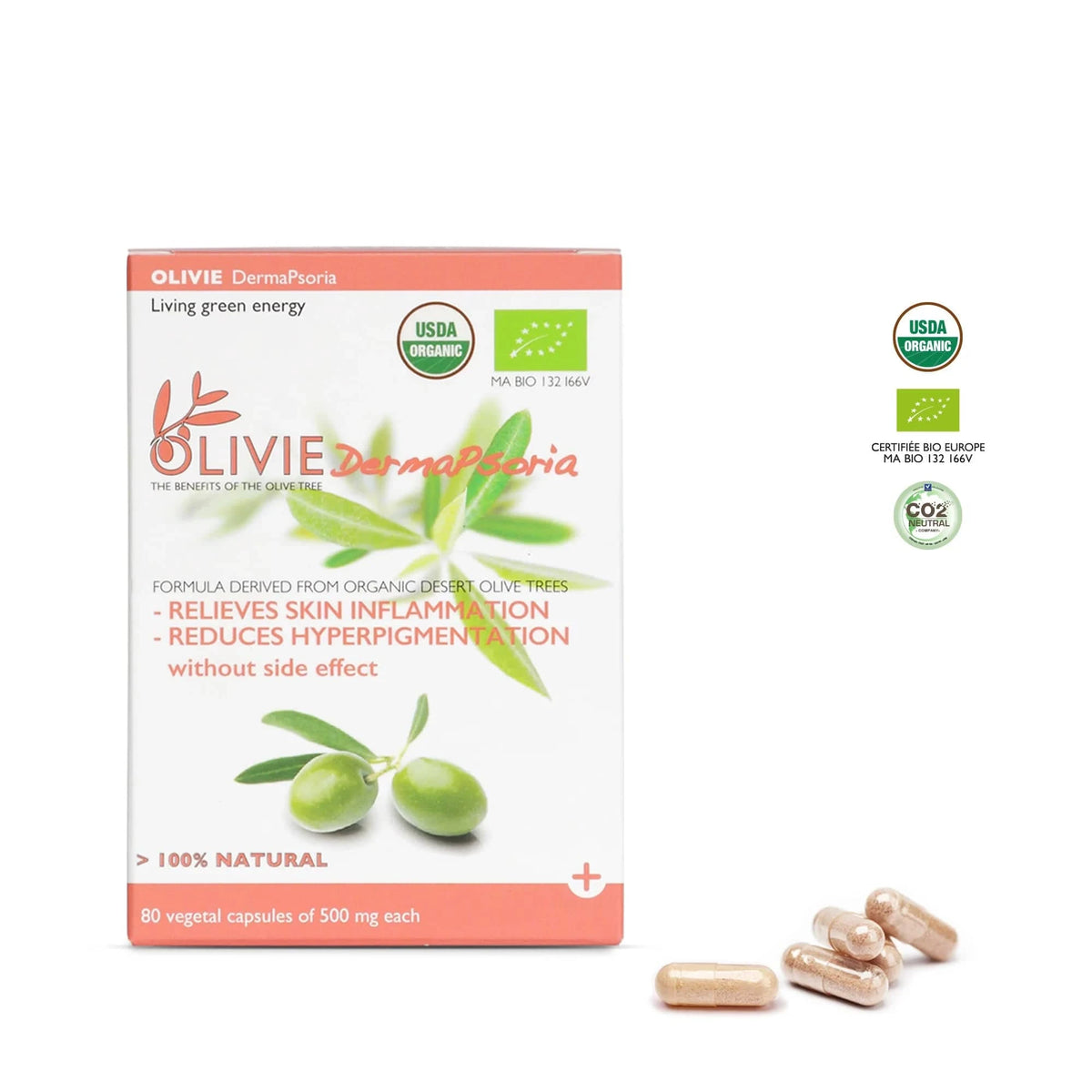 OLIVIE DermaPsoria kosttilskudd med 40 vegetabilske kapsler à 500 mg og olivenpolyfenoler fra økologiske råvarer