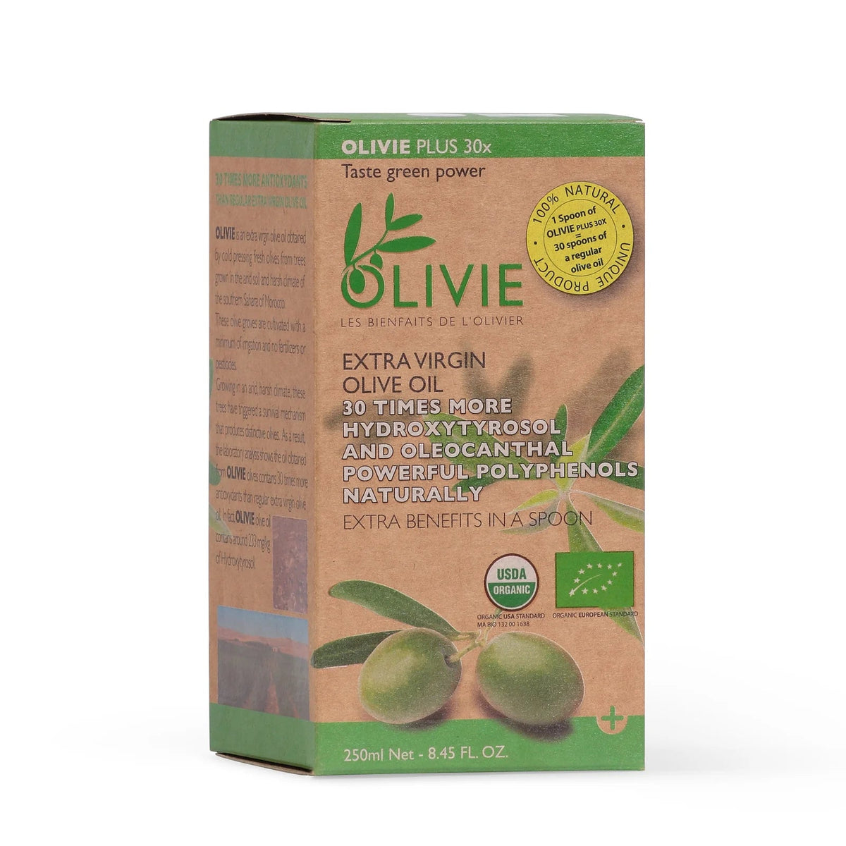 OLIVIE Plus 30x, økologisk ekstra jomfru olivenolje i en 250 ml mørk glassflaske. Grønn emballasje med olivenmotiver.