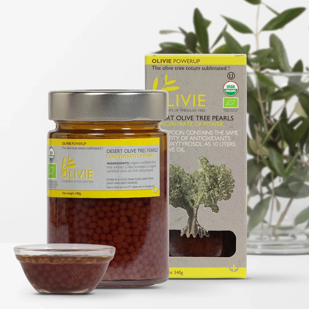 OLIVIE PowerUp økologiske olivenperler 340 g i glass med høyt polyfenolinnhold fra desert-oliven