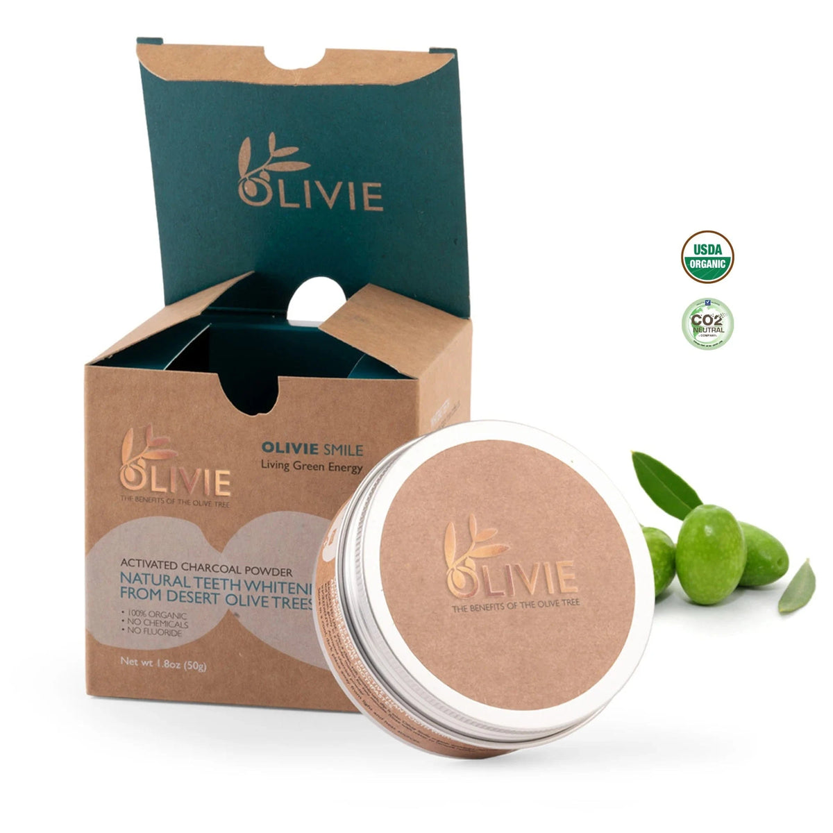 OLIVIE Smile tannpulver med aktivt kull fra ørkenoliventrær, naturlig tannbleking i beholder på ca. 50 g