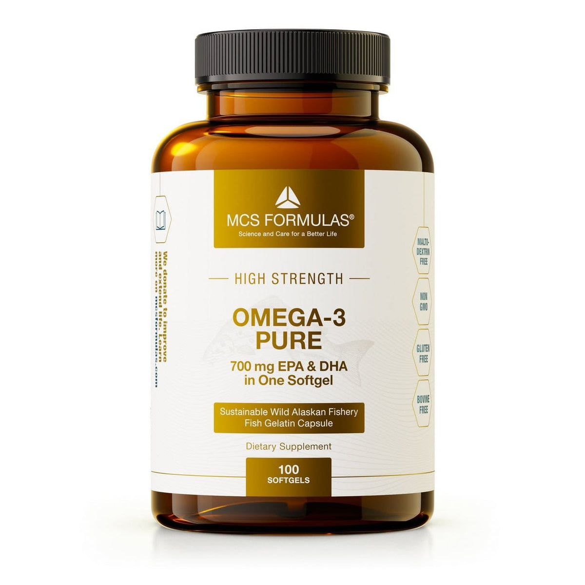 Omega-3 Pure 100 kapsler med fiskeolje fra vill Alaskatorsk, 750 mg omega-3 per kapsel og høy renhet