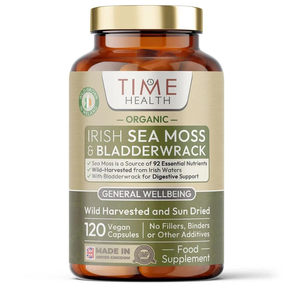 Organic Irish Sea Moss & Bladderwrack kosttilskudd med 120 veganske kapsler av villhøstet irsk tang