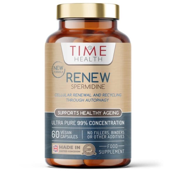 Renew Spermidine 60 kapsler fra Time Health med 6,5 mg spermidin per kapsel og glutenfri formulering