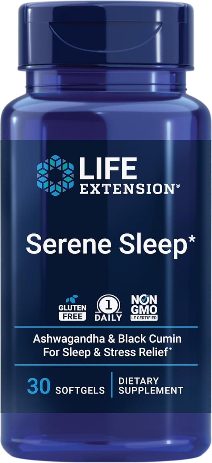 Serene Sleep kosttilskudd i boks med 30 softgels, melatonin-fri formel med ashwagandha og svart karve