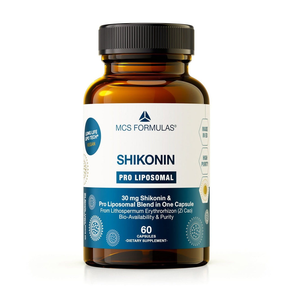 Shikonin Pro Liposomal 30 mg kosttilskudd i glassbeholder med 60 veganske kapsler og liposomal formulering