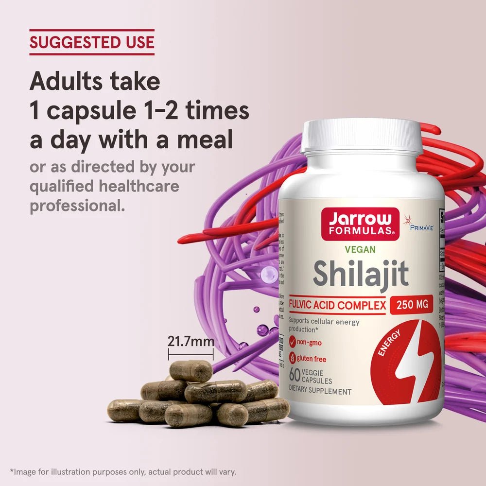 Veganske kapsler med Shilajit Fulvic Acid Complex i en flaske. Kapslene er brune og ovale, med en diameter på 21,7 mm.