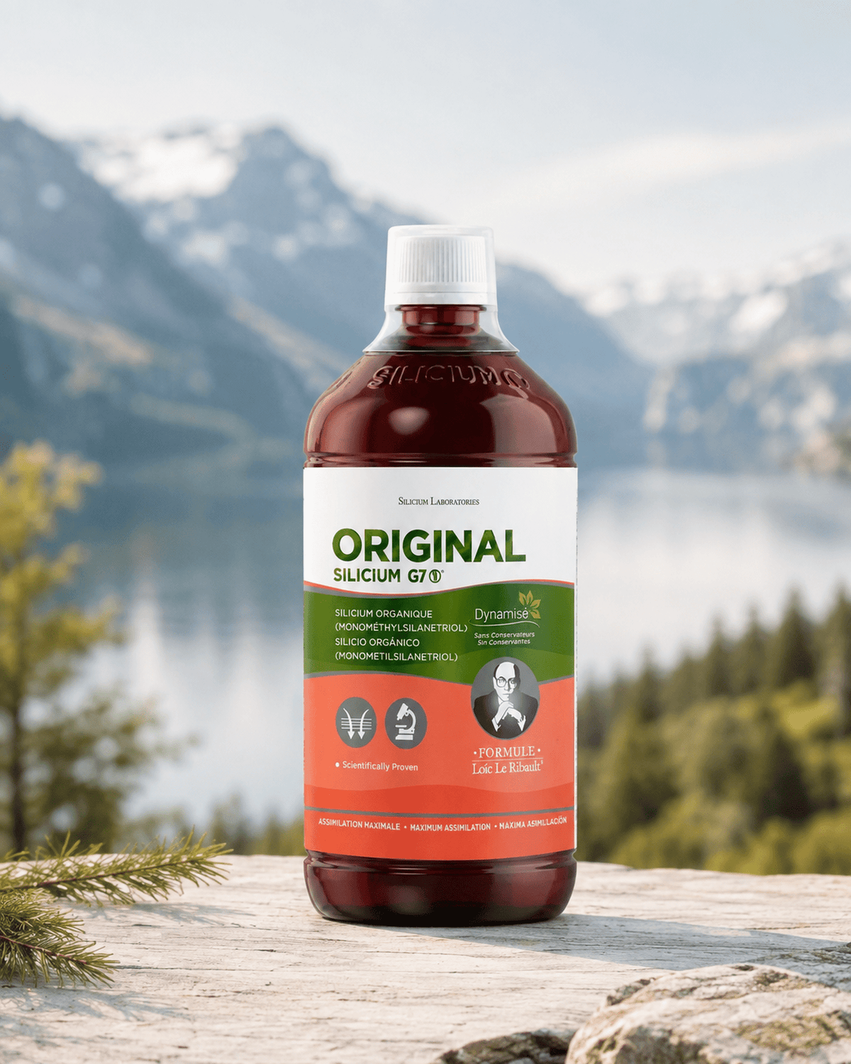 Silicium G7 Original flaske med målebeger, lett gulaktig væske, tydelig etikett med grønn og hvit design.