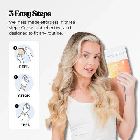 Kvinne med langt, bølgete hår holder opp en pakke med Energy Patches. Plasterene vises i tre enkle trinn: peel, stick, feel.