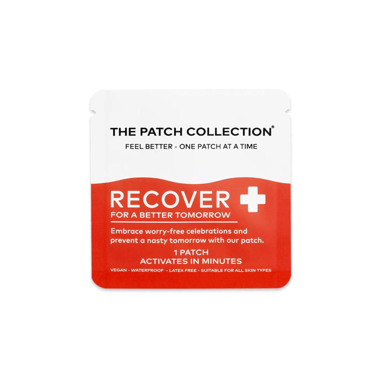 Kompakt emballasje med 15 Recover Patches, hvit og rød design, inneholder informasjon om vegan og vannbestandighet.