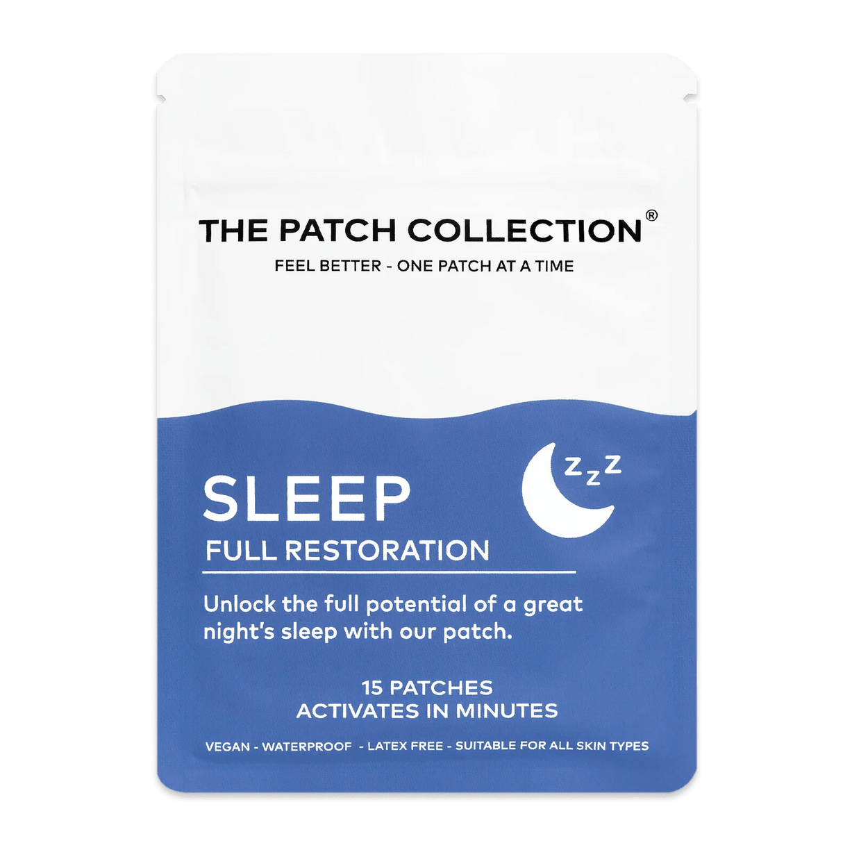 The Patch Collection Sleep Patches, hvit og blå emballasje med tekst om søvn og 15 plaster. Vannbestandig og vegansk.