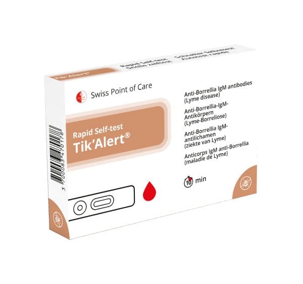 Tik’Alert Borrelia IgM hurtigtest med testkassett, pipette, buffer og lansett for hjemmetesting etter flåttbitt