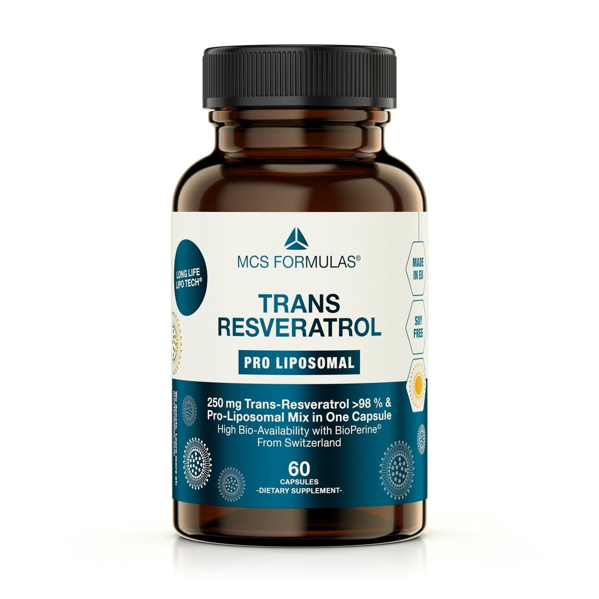 Trans-Resveratrol Liposomal kosttilskudd med 250 mg, 60 kapsler og liposomal formulering med BioPerine®