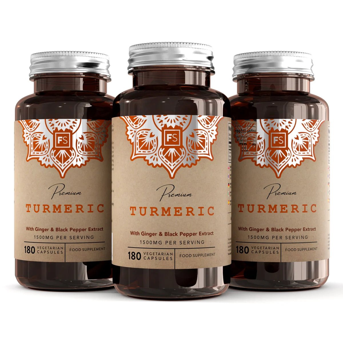 Tre brune flasker med vegetabilske kapsler, etikett med teksten "Premium Turmeric" og oransje detaljering.