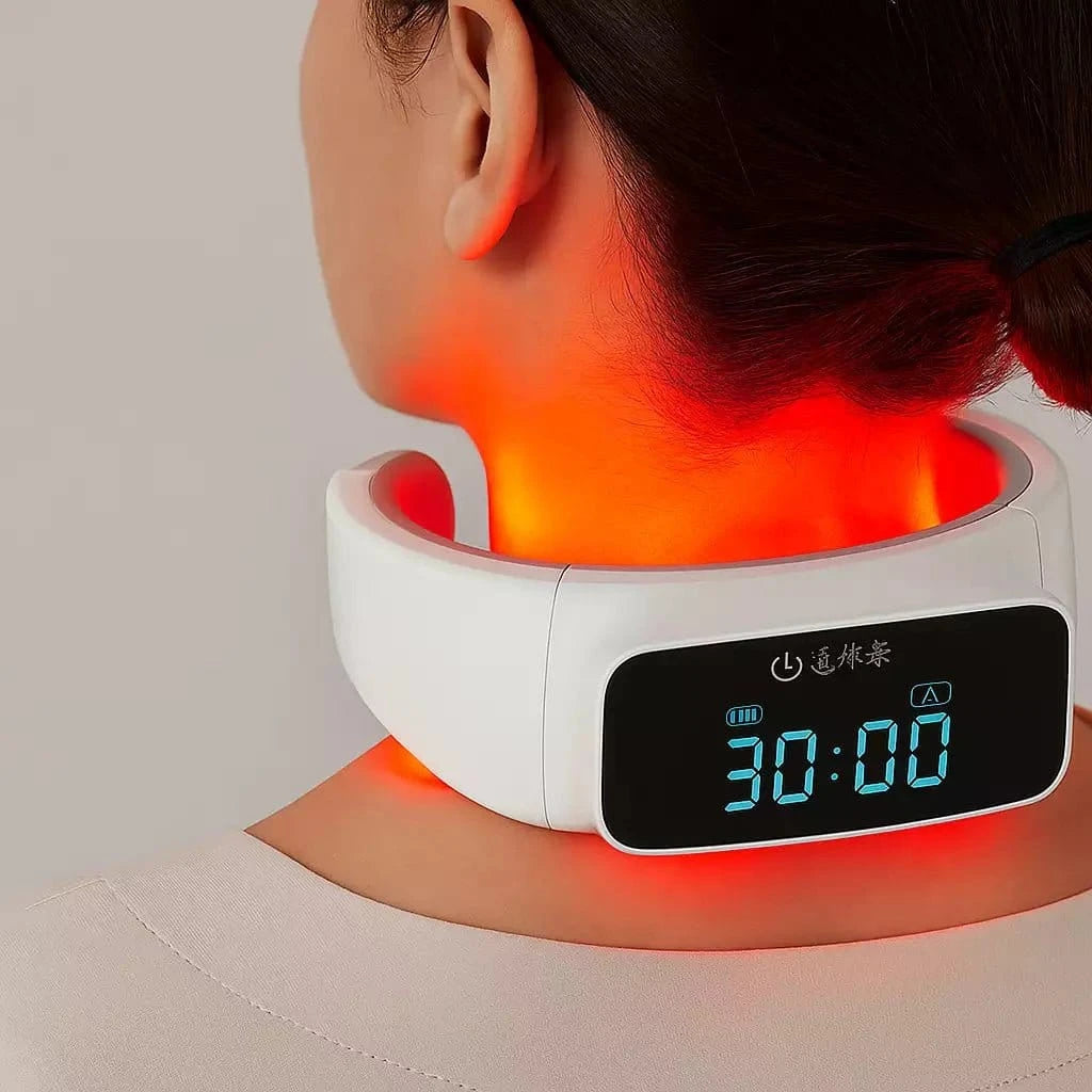 Uno Vita red og blue light therapy nakkeenhet med bærbar LED-lysbøyle for rødt og blått lys rundt nakken