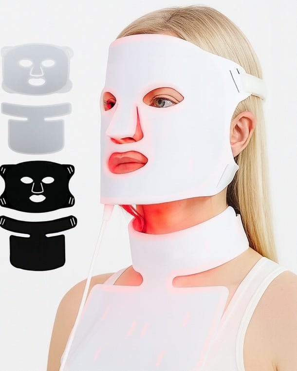 Uno Vita LED-lysterapimaske i svart medisinsk silikon med ansiktsmaske, halsplate og 415, 630, 830 nm lys