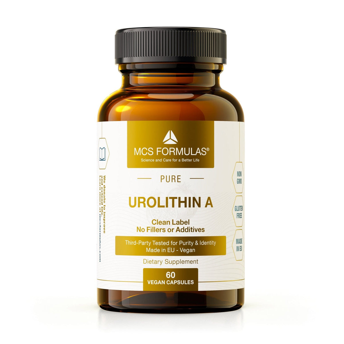 Brun glassflaske med etikett for Urolithin A, 60 vegetabilske kapsler, glutenfri og non-GMO.
