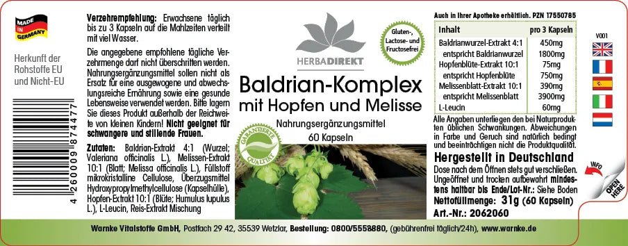 Baldrian Kompleks med humle og sitronmelisse, 60 veganske kapsler i en praktisk pakke.