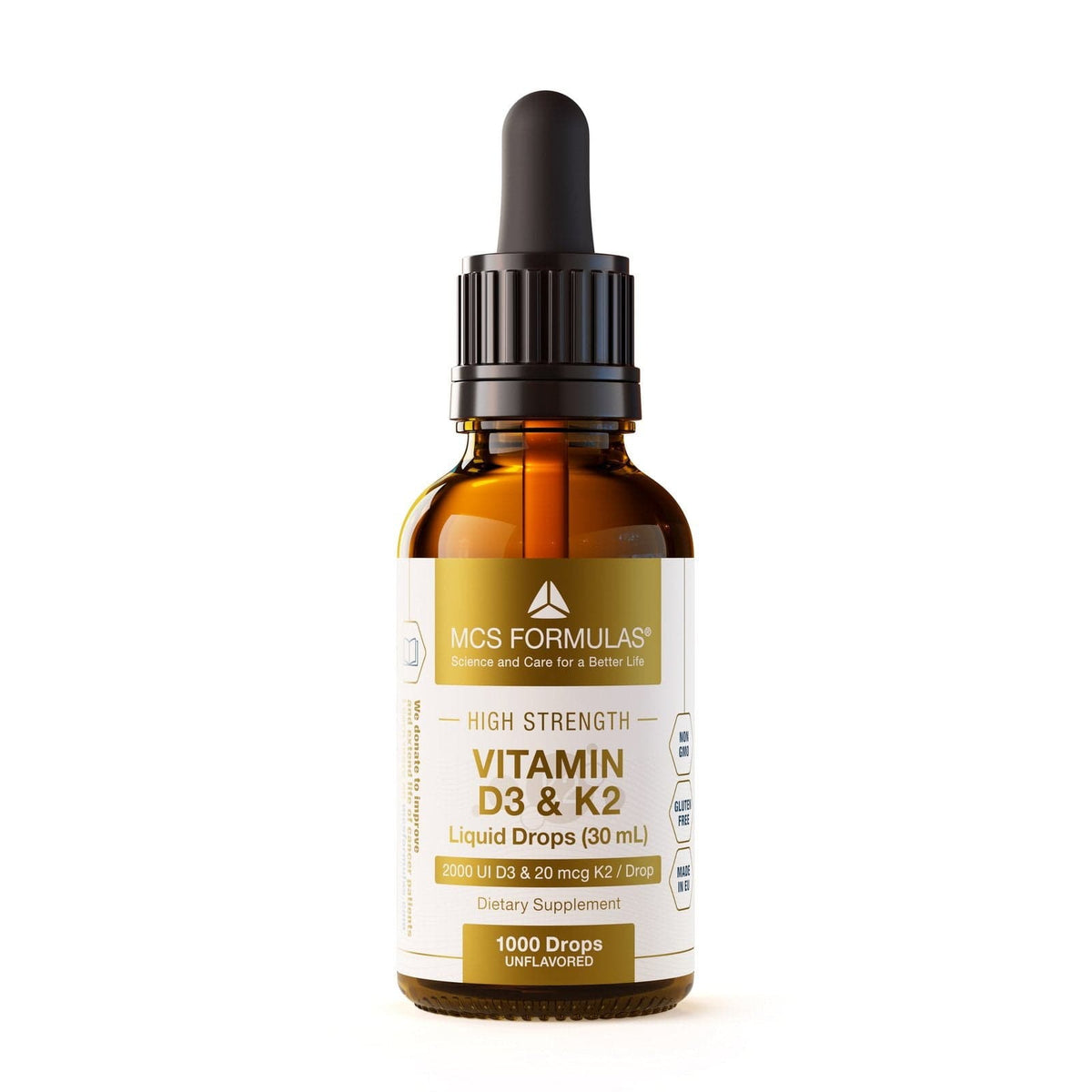 Vitamin D3 & K2 Liquid Drops flaske med flytende dråper, 50 mcg D3 og 20 mcg K2 i MCT-olje