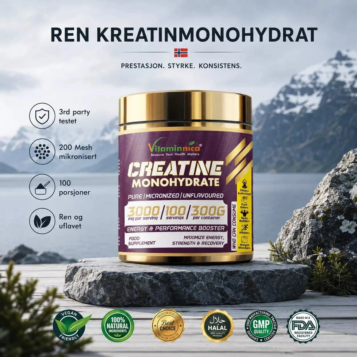 Vitaminnica kreatin monohydrat pulver 300 g i HDPE-boks, smaksnøytral, 100 porsjoner med 3 g kreatin per dose