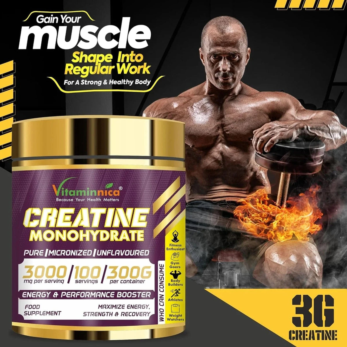 Vitaminnica 100% Pure Creatine Monohydrate Powder for Performance and Muscle Power - Uno Vita AS