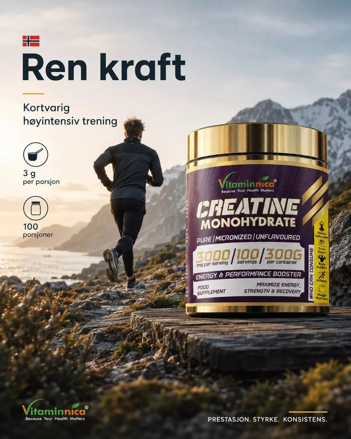Vitaminnica 100% Pure Creatine Monohydrate Powder for Performance and Muscle Power - Uno Vita AS