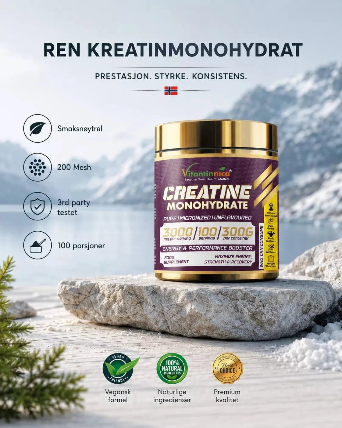 Vitaminnica 100% Pure Creatine Monohydrate Powder for Performance and Muscle Power - Uno Vita AS