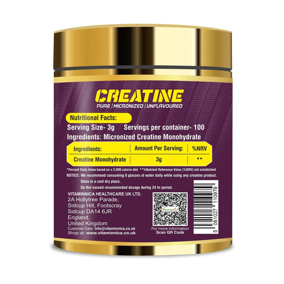 Vitaminnica 100% Pure Creatine Monohydrate Powder for Performance and Muscle Power - Uno Vita AS