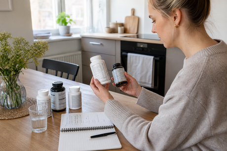 Person comparing supplement labels at a table with water and notes.