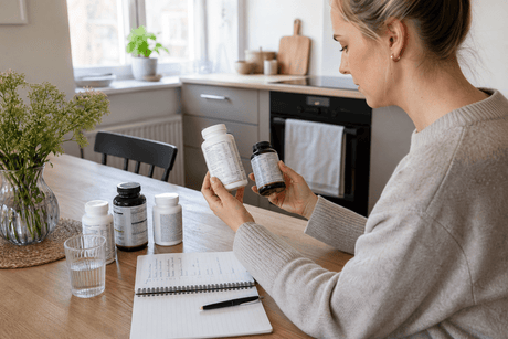 Person comparing supplement labels at a table with water and notes.