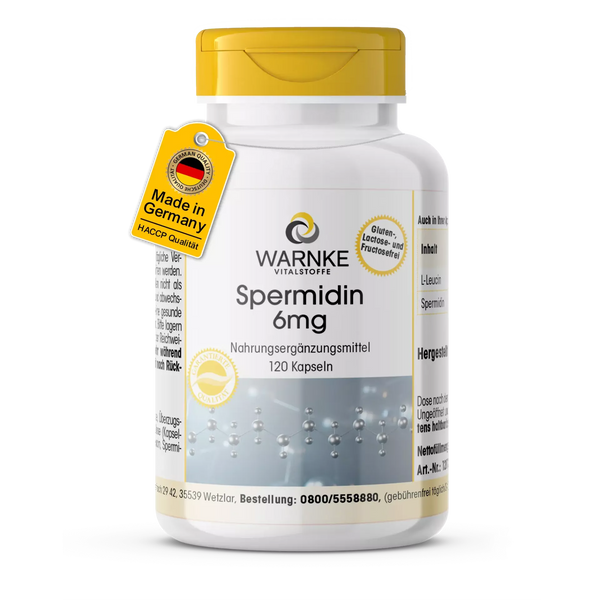 Spermidin 6 mg kosttilskudd i hvit beholder med gul lokk, merket med "Made in Germany" og innhold på 120 kapsler.