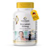 Bromelain 500 mg kosttilskudd, 250 tabletter, vegansk med hvit flaske og gult lokk, tydelig etikett med produktinformasjon.