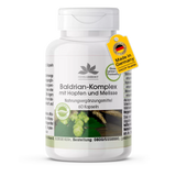 Baldrian Kompleks med humle og sitronmelisse, hvit plastbeholder med 60 veganske kapsler og grønt design.
