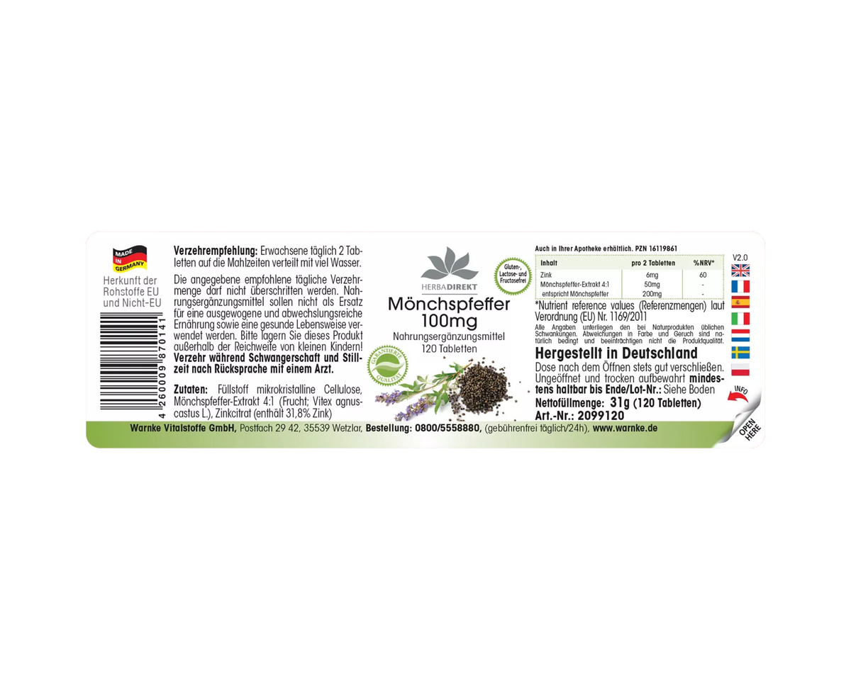 Munkpepper 100 mg, 120 veganske tabletter med mørk emballasje og grønn dekor, fremhever ingredienser og bruksanvisning.