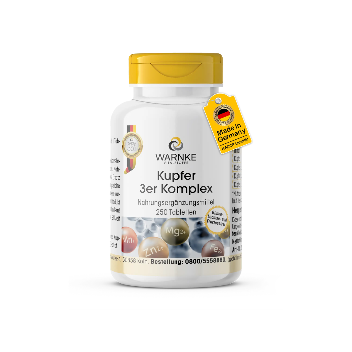 Kobber 3-kompleks, hvit flaske med gult lokk, inneholder 250 tabletter, vegansk, laget i Tyskland.