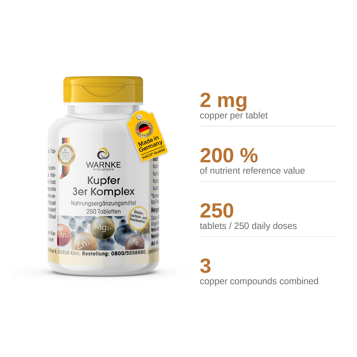 Kobber 3-Kompleks tabletter i hvit beholder med gul lokk, 250 tabletter, etikett med detaljer om ingredienser og anbefalinger.