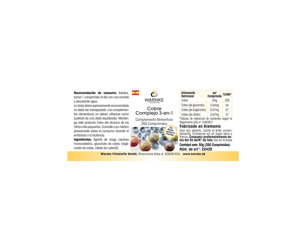 Kobber 3-kompleks tabletter med tre kobberformer; grå og beige emballasje, 250 tabletter, vegansk kosttilskudd.