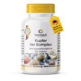 Kobber 3-kompleks 250 tabletter i hvit beholder med gul lokk, viser ingrediensmerker og produsert i Tyskland.