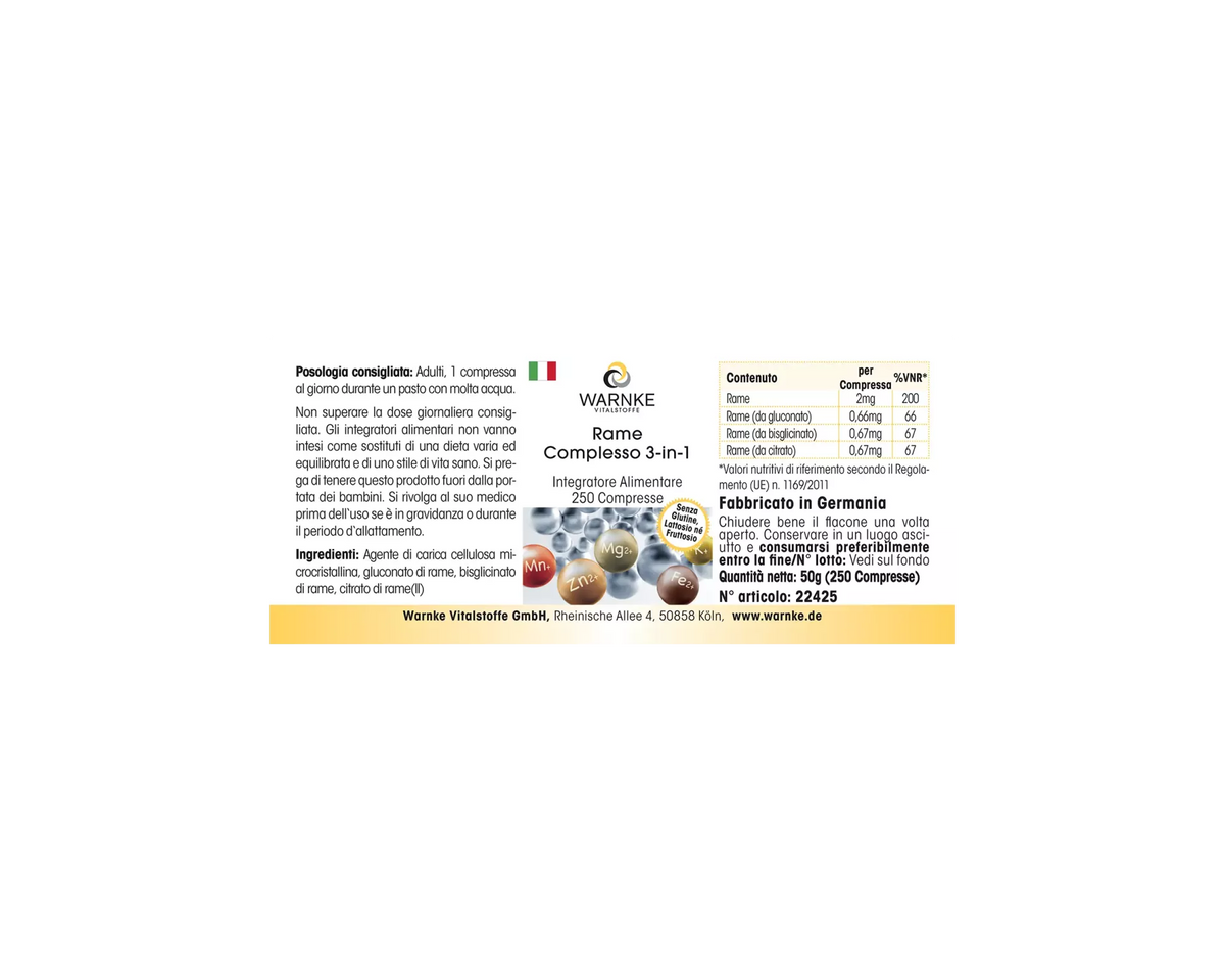 Kobber 3-kompleks tabletter, 250 stk. Hvit, rund tablett med tekst, vegansk, inneholder tre kobberformer.