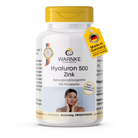 Hyaluron 500 + Zink, 100 filmdrasjerte tabletter i en hvit flaske med gulttopp, med en kvinne som berører ansiktet.