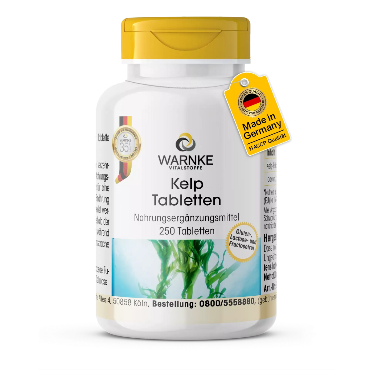Kelp-tabletter i en hvit flaske med gul hette, viser algeekstrakt og teksten "250 Tabletter". Vegansk og glutenfri.