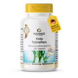 Kelp-tabletter i en hvit flaske med gul hette, viser algeekstrakt og teksten "250 Tabletter". Vegansk og glutenfri.