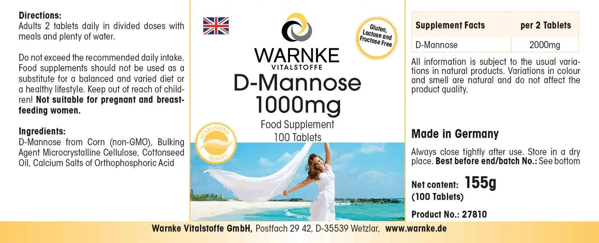 D-Mannose 1000 mg tabletter i pakke med 100, vegan, med hvit og blå design, tydelig dosering.